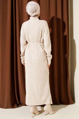 Balıkçı Yaka İp Kuşaklı Triko Elbise Bej - Elbise