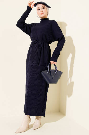 Balıkçı Yaka İp Kuşaklı Triko Elbise Lacivert - Elbise