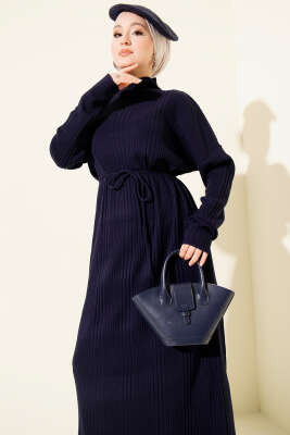 Balıkçı Yaka İp Kuşaklı Triko Elbise Lacivert - Elbise