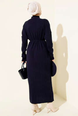 Balıkçı Yaka İp Kuşaklı Triko Elbise Lacivert - Elbise