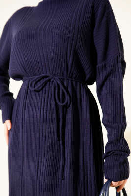 Balıkçı Yaka İp Kuşaklı Triko Elbise Lacivert - Elbise