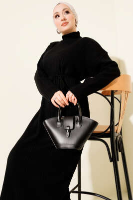 Balıkçı Yaka İp Kuşaklı Triko Elbise Siyah - Elbise