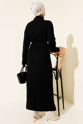 Balıkçı Yaka İp Kuşaklı Triko Elbise Siyah - Elbise