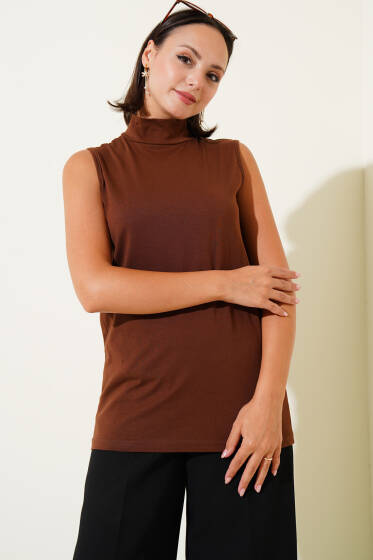 Balıkçı Yaka Kolsuz Kahve Bluz - Kadın İçlik