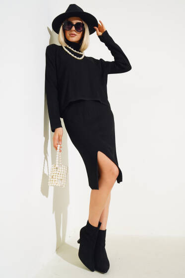 Balıkçı Yaka Midi Etekli Triko Takım Siyah - Triko