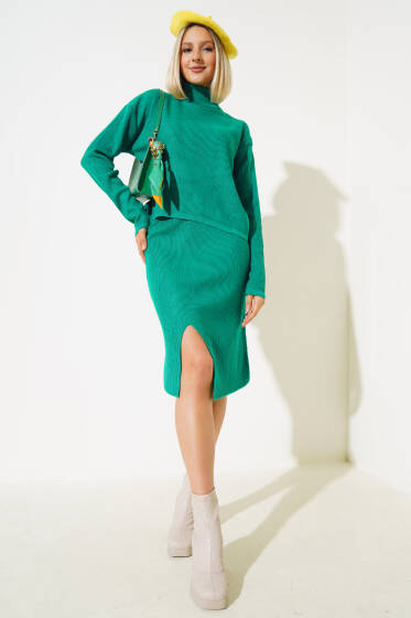 Balıkçı Yaka Midi Etekli Triko Takım Zümrüt - Triko