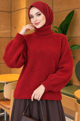Balıkçı Yaka Oversize Triko Kazak Bordo - FİXAY