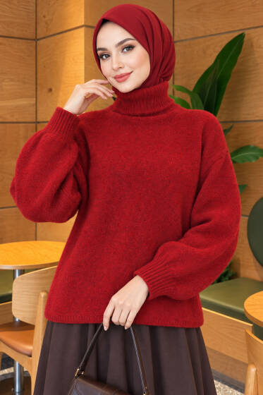Balıkçı Yaka Oversize Triko Kazak Bordo - Triko Kazak
