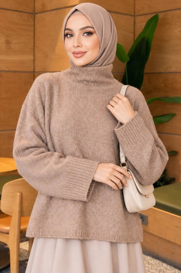 Balıkçı Yaka Oversize Triko Kazak Vizon - Triko Kazak