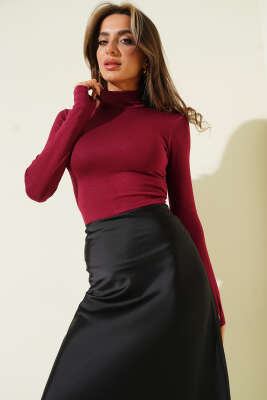 Balıkçı Yaka Parmak Geçirmeli Body Bordo - Kadın Uzun Kollu T-shirt