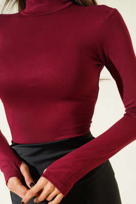 Balıkçı Yaka Parmak Geçirmeli Body Bordo - Kadın Uzun Kollu T-shirt