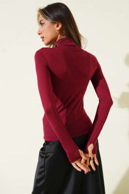 Balıkçı Yaka Parmak Geçirmeli Body Bordo - Uzun Kollu Tişört