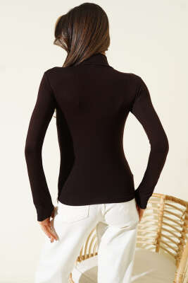 Balıkçı Yaka Parmak Geçirmeli Body Kahve - Uzun Kollu Tişört