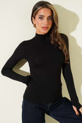 Balıkçı Yaka Parmak Geçirmeli Body Siyah - Uzun Kollu Tişört