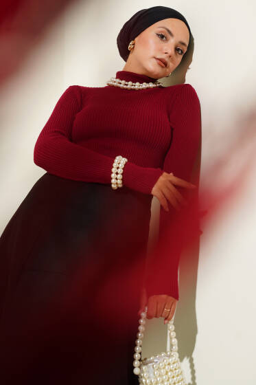 Balıkçı Yaka Parmak Geçirmeli Triko Kazak Bordo - Triko Kazak