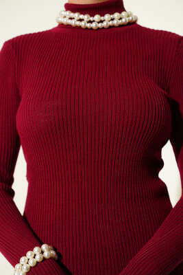 Balıkçı Yaka Parmak Geçirmeli Triko Kazak Bordo - Triko Kazak