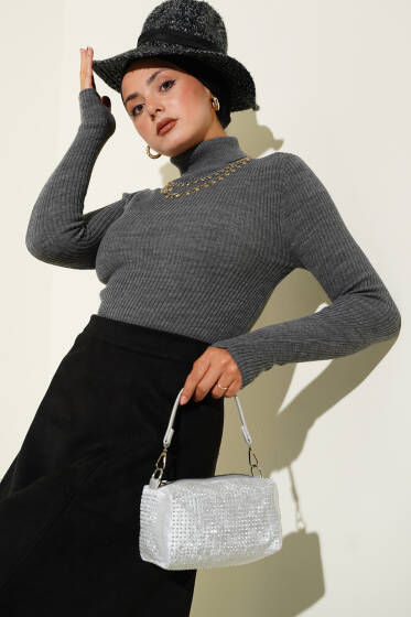 Balıkçı Yaka Parmak Geçirmeli Triko Kazak Füme - Triko Kazak