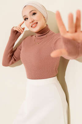 Balıkçı Yaka Parmak Geçirmeli Triko Kazak Gül Kurusu 