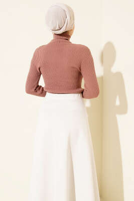 Balıkçı Yaka Parmak Geçirmeli Triko Kazak Gül Kurusu - Triko Kazak