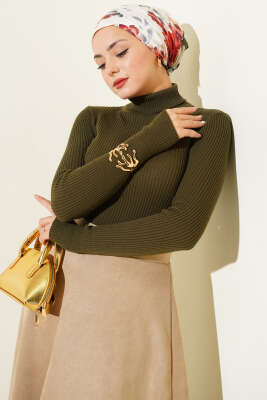 Balıkçı Yaka Parmak Geçirmeli Triko Kazak Haki - Triko Kazak