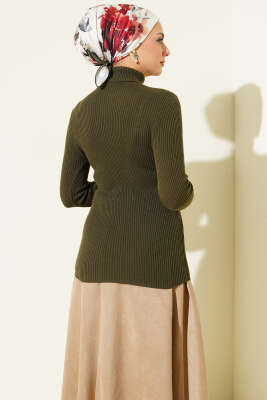 Balıkçı Yaka Parmak Geçirmeli Triko Kazak Haki - Triko Kazak