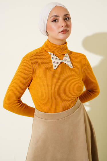 Balıkçı Yaka Parmak Geçirmeli Triko Kazak Hardal - Triko Kazak