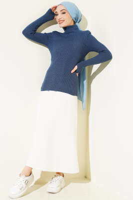 Balıkçı Yaka Parmak Geçirmeli Triko Kazak İndigo - Yılın Fırsatı