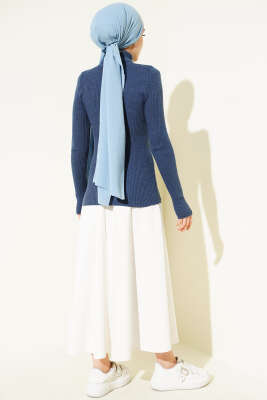 Balıkçı Yaka Parmak Geçirmeli Triko Kazak İndigo - Yılın Fırsatı