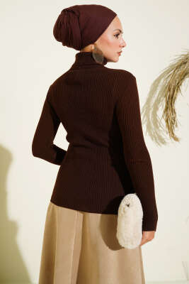 Balıkçı Yaka Parmak Geçirmeli Triko Kazak Kahve - Triko Kazak