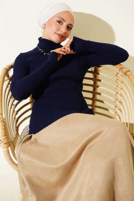 Balıkçı Yaka Parmak Geçirmeli Triko Kazak Lacivert 