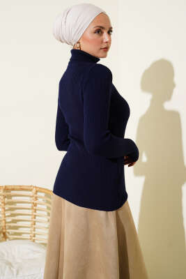 Balıkçı Yaka Parmak Geçirmeli Triko Kazak Lacivert - Triko Kazak