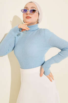 Balıkçı Yaka Parmak Geçirmeli Triko Kazak Mavi - Triko Kazak