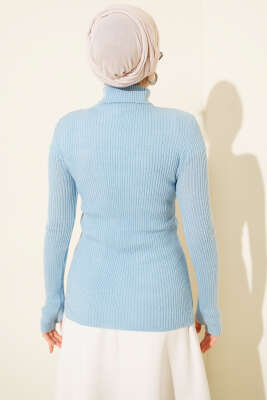Balıkçı Yaka Parmak Geçirmeli Triko Kazak Mavi - Triko Kazak