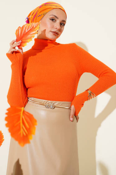 Balıkçı Yaka Parmak Geçirmeli Triko Kazak Oranj - Triko Kazak