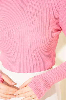 Balıkçı Yaka Parmak Geçirmeli Triko Kazak Pembe - Triko Kazak