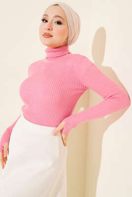 Balıkçı Yaka Parmak Geçirmeli Triko Kazak Pembe - Yılın Fırsatı