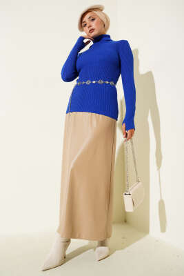 Balıkçı Yaka Parmak Geçirmeli Triko Kazak Saks - Triko Kazak