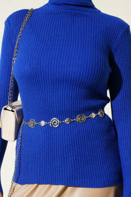 Balıkçı Yaka Parmak Geçirmeli Triko Kazak Saks - Triko Kazak