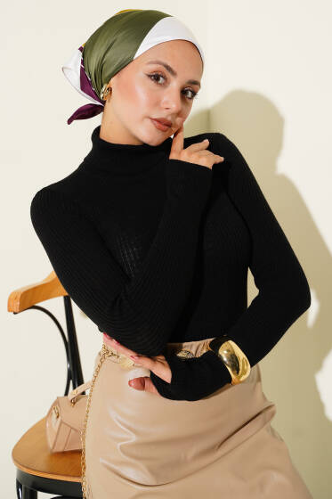 Balıkçı Yaka Parmak Geçirmeli Triko Kazak Siyah - Balıkçı Yaka Kazak