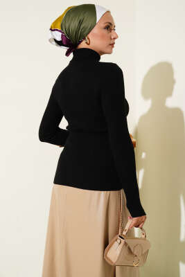 Balıkçı Yaka Parmak Geçirmeli Triko Kazak Siyah - Triko Kazak