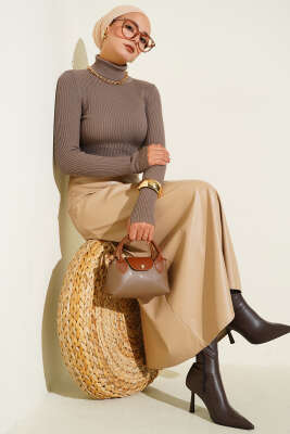 Balıkçı Yaka Parmak Geçirmeli Triko Kazak Vizon - Triko Kazak