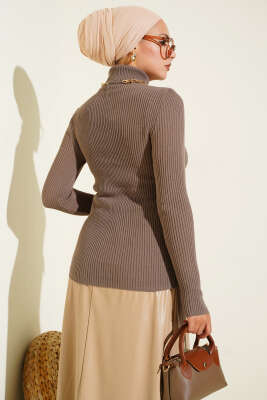 Balıkçı Yaka Parmak Geçirmeli Triko Kazak Vizon - Triko Kazak