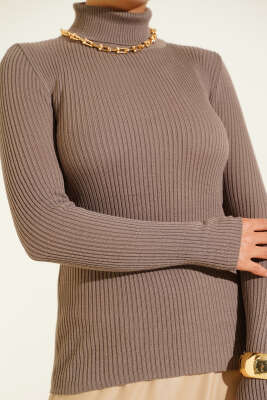 Balıkçı Yaka Parmak Geçirmeli Triko Kazak Vizon - Triko Kazak