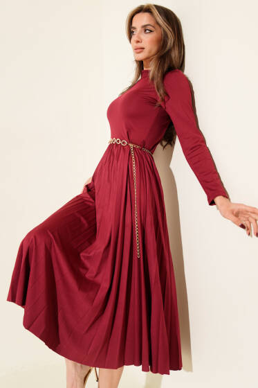 Balıkçı Yaka Pileli Midi Elbise Bordo - Günün Seçilenleri