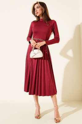 Balıkçı Yaka Pileli Midi Elbise Bordo - Günün Seçilenleri