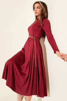 Balıkçı Yaka Pileli Midi Elbise Bordo - KİKİ