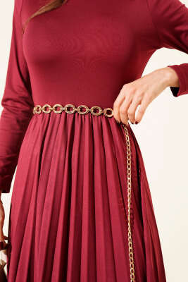 Balıkçı Yaka Pileli Midi Elbise Bordo - Kadın Giyim Modelleri