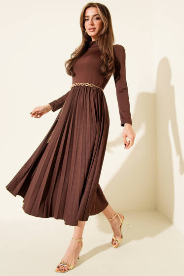 Balıkçı Yaka Pileli Midi Elbise Kahve - Günün Seçilenleri