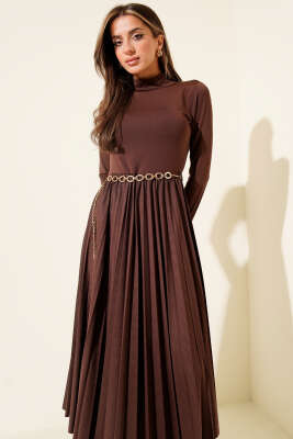 Balıkçı Yaka Pileli Midi Elbise Kahve - Kadın Giyim Modelleri