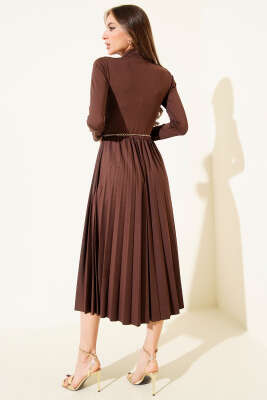 Balıkçı Yaka Pileli Midi Elbise Kahve - Kadın Giyim Modelleri